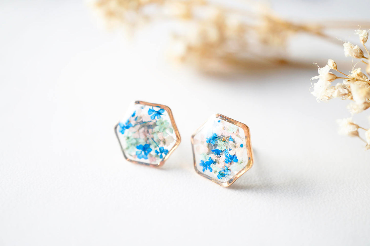 Real Dried Flowers and Resin Stud Earrings, Rose Gold Hexagon in Blue Mint Pink