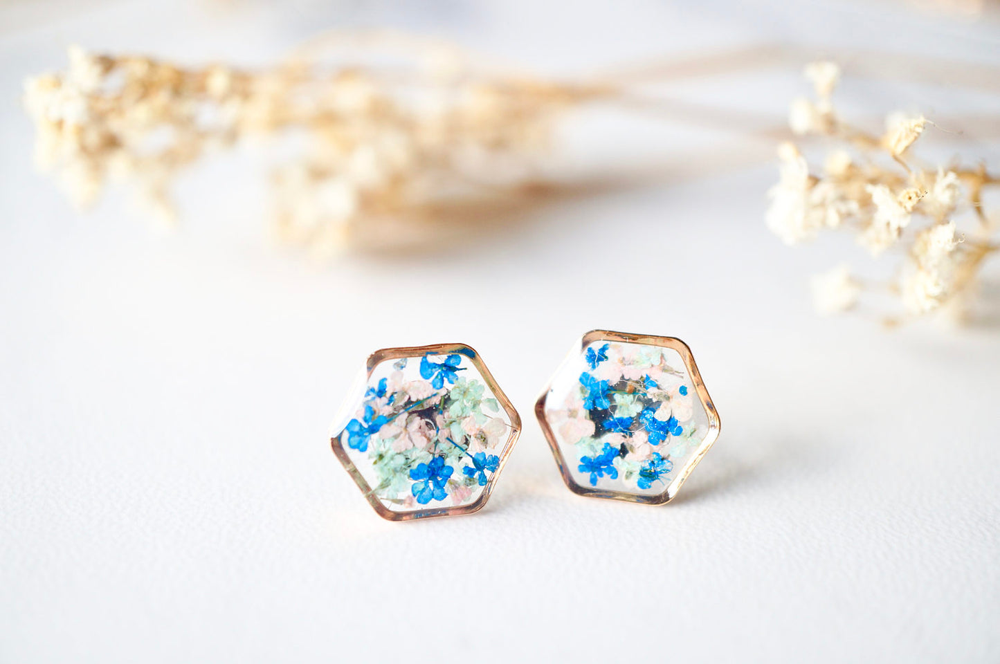 Real Dried Flowers and Resin Stud Earrings, Rose Gold Hexagon in Blue Mint Pink