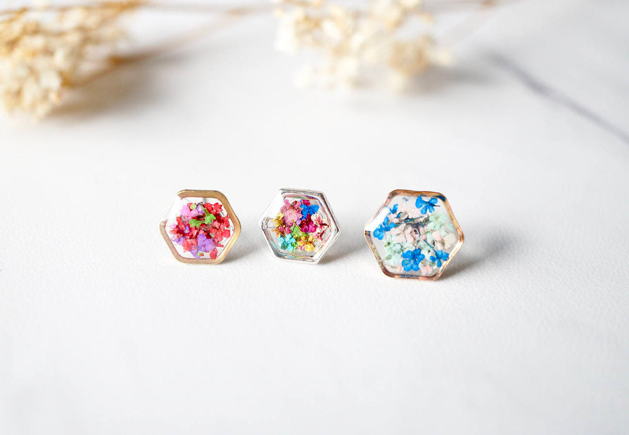 Real Dried Flowers and Resin Stud Earrings, Rose Gold Hexagon in Blue Mint Pink