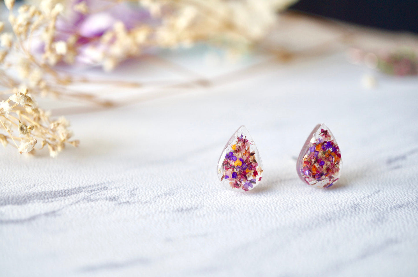 Real Dried Flowers and Resin Teardrop Stud Earrings in Pink Purple Orange