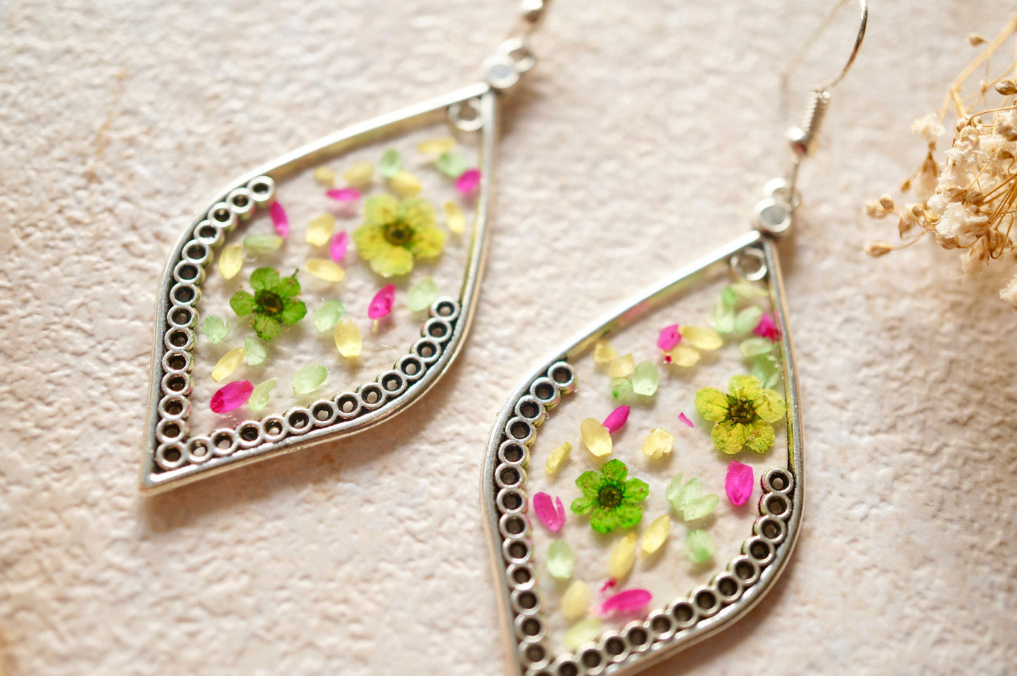 Real Dried Flowers and Resin Earrings in Green White Pink