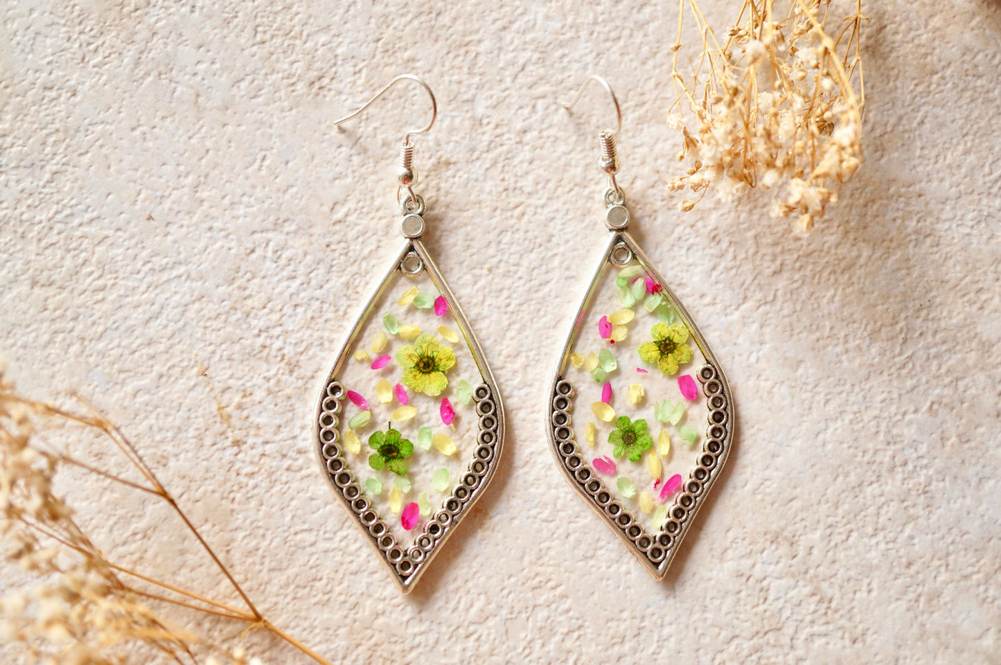 Real Dried Flowers and Resin Earrings in Green White Pink