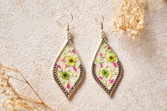 Real Dried Flowers and Resin Earrings in Green White Pink