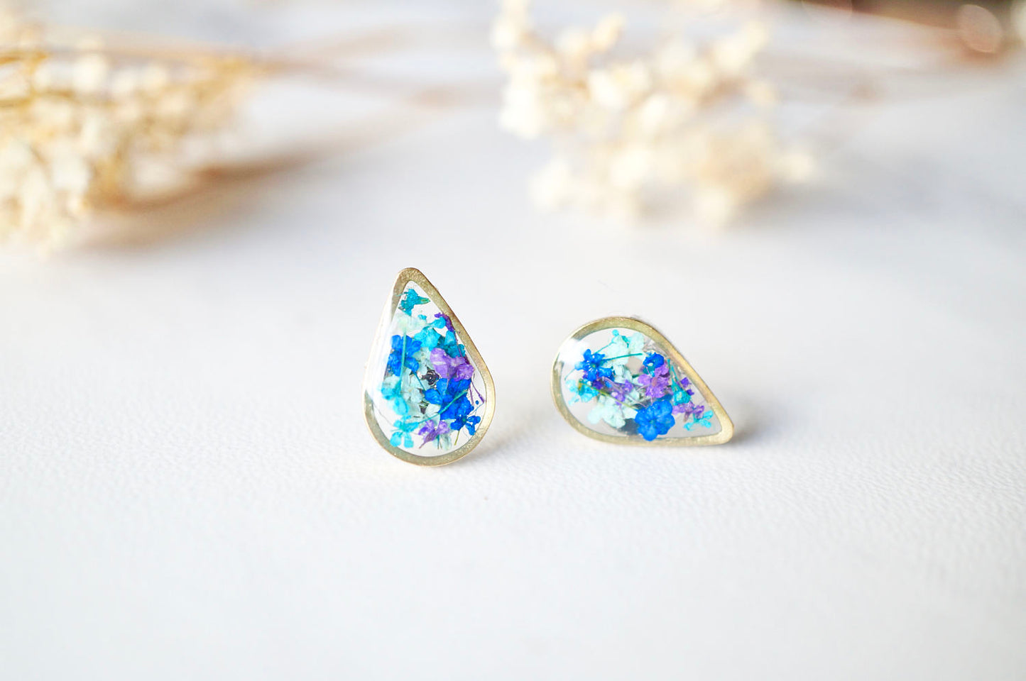 Real Dried Flowers and Resin Stud Earrings, Gold Teardrop in Mint Teal Purple Blue