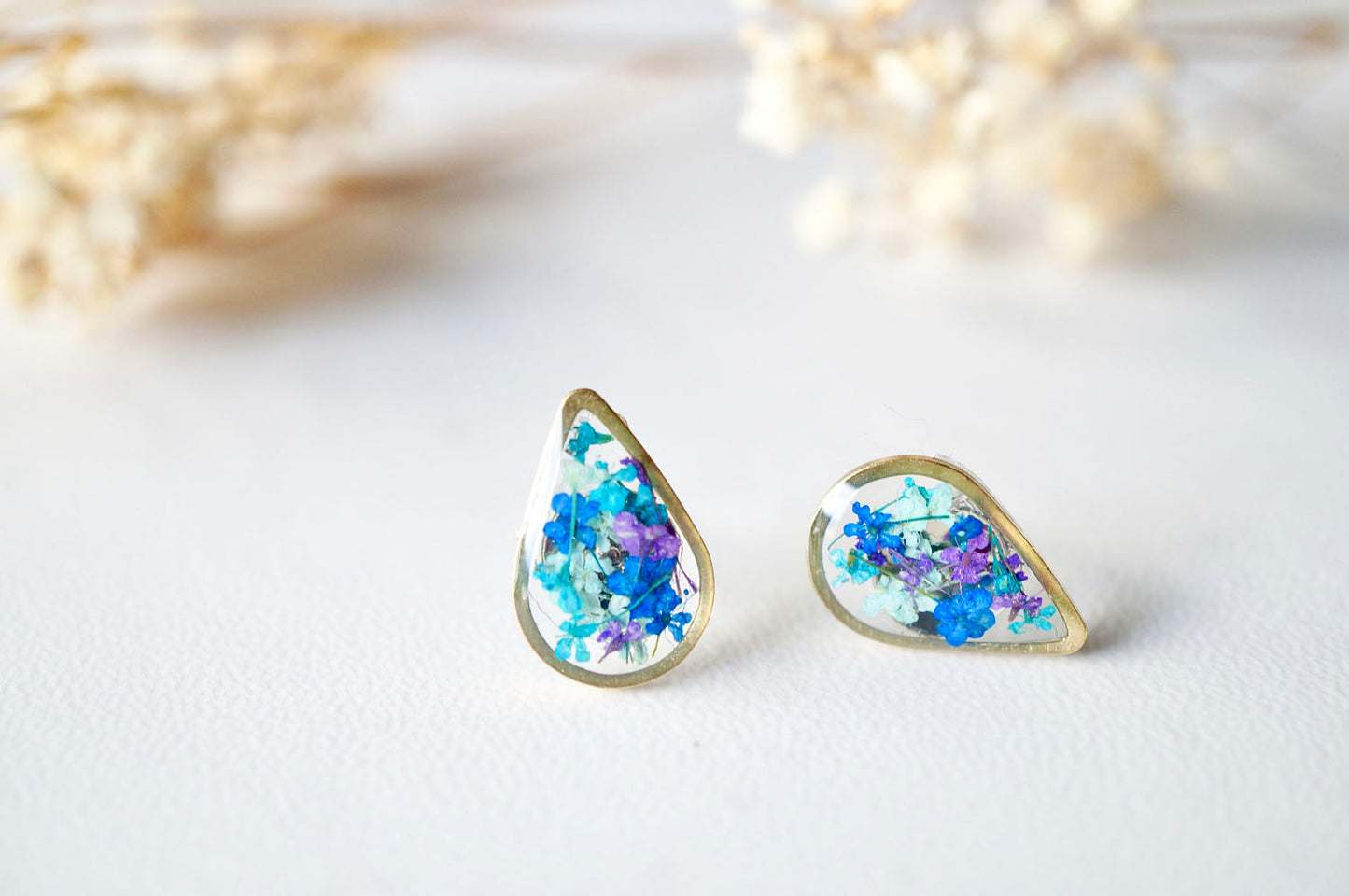 Real Dried Flowers and Resin Stud Earrings, Gold Teardrop in Mint Teal Purple Blue