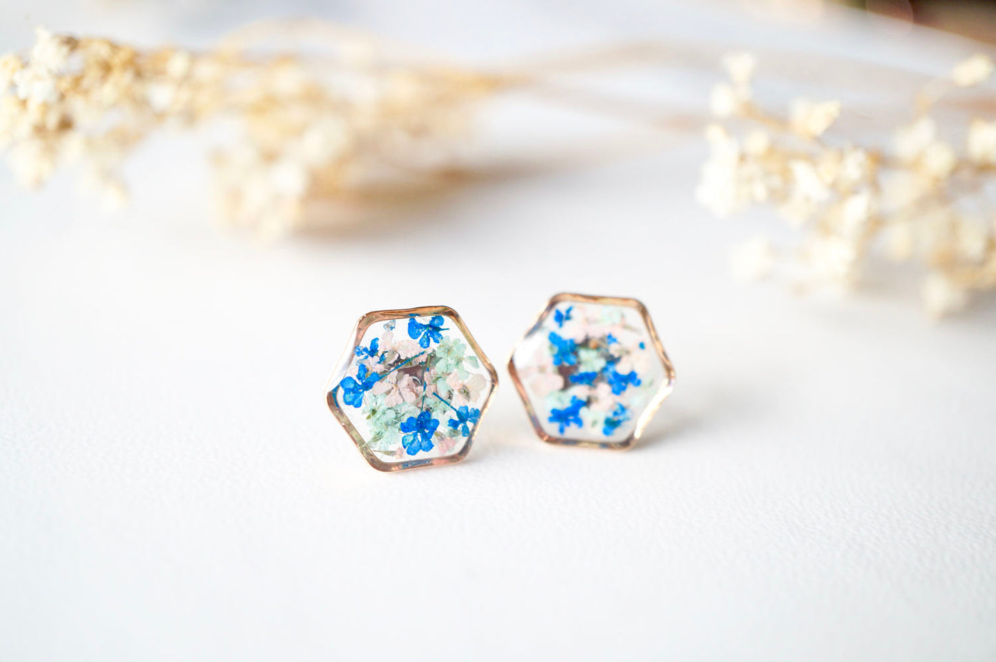 Real Dried Flowers and Resin Stud Earrings, Rose Gold Hexagon in Blue Mint Pink