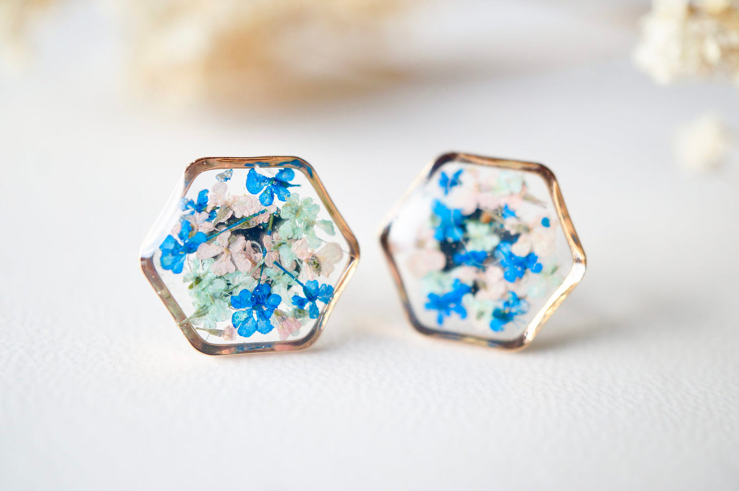 Real Dried Flowers and Resin Stud Earrings, Rose Gold Hexagon in Blue Mint Pink