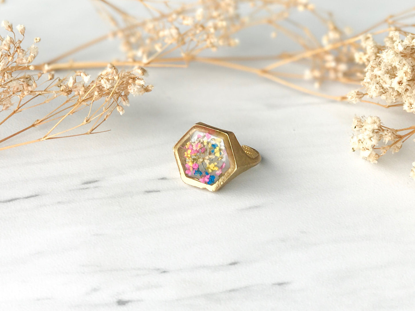 Real Pressed Flower and Resin Hexagon Gold Ring in Yellow Pink and Blue