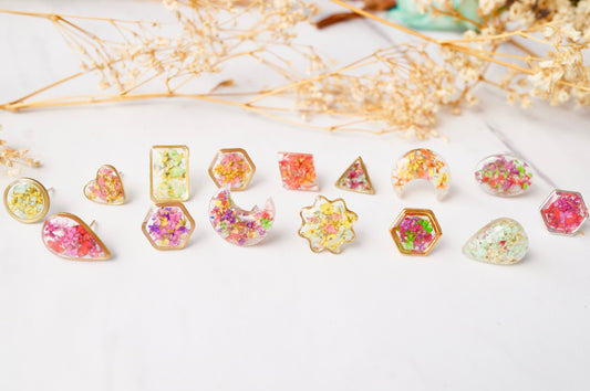 Real Pressed Flowers and Resin Threader Earrings, Silver Triangles in Mint Teal Light Pink