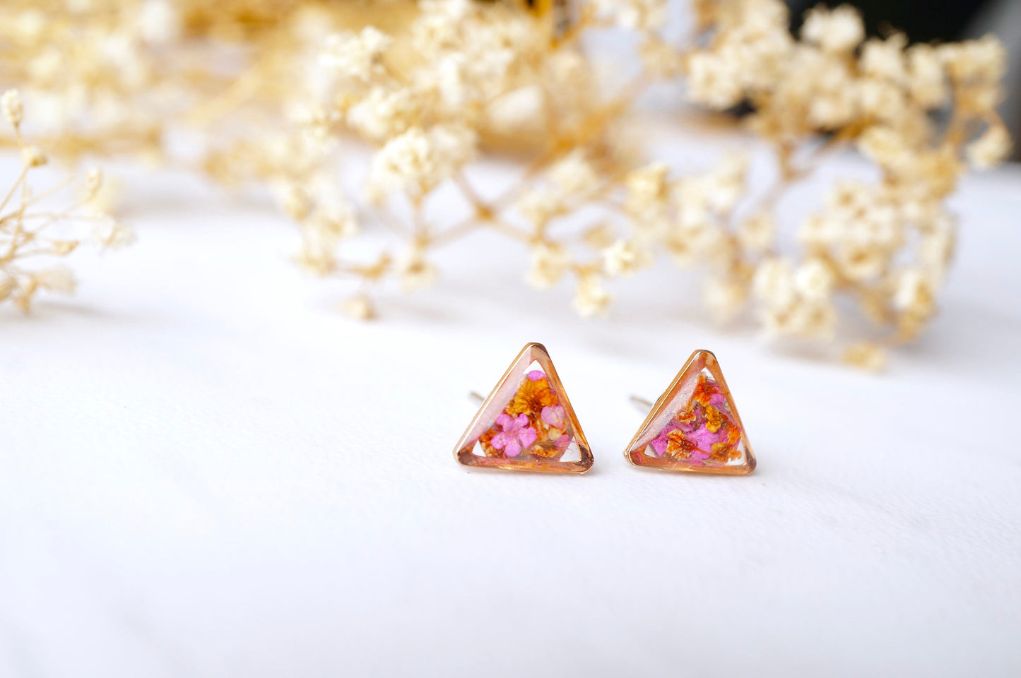 Real Dried Flowers and Resin Stud Earrings in Pink and Orange Mix with Rose Gold frame