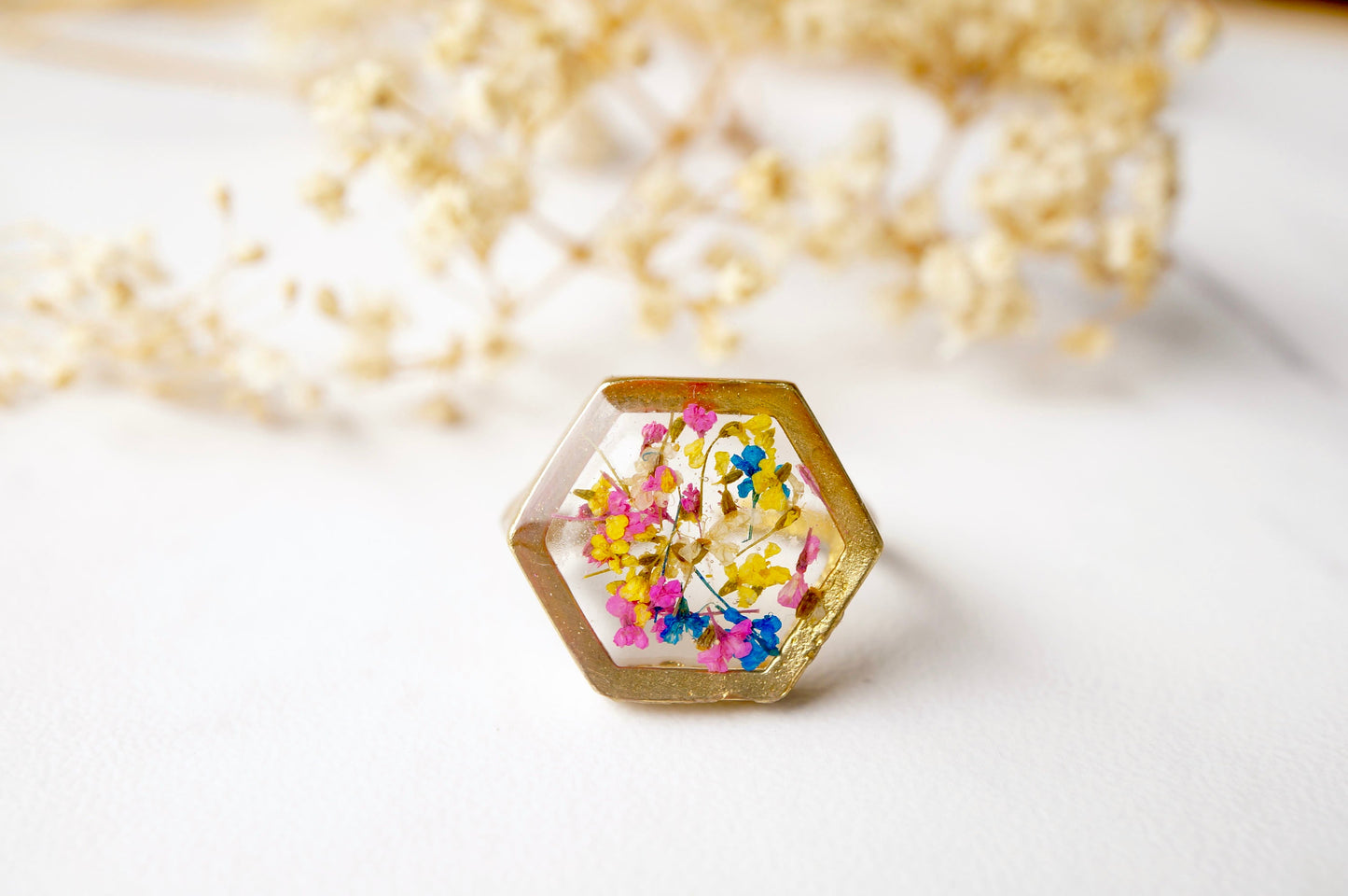 Real Pressed Flower and Resin Hexagon Gold Ring in Yellow Pink and Blue