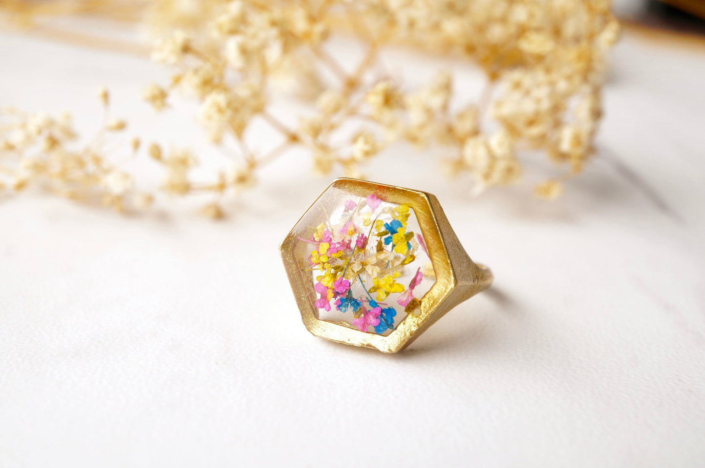 Real Pressed Flower and Resin Hexagon Gold Ring in Yellow Pink and Blue