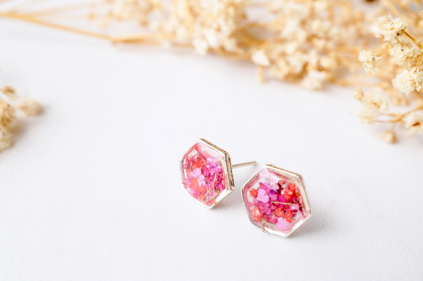 Real Dried Flowers and Resin Stud Earrings, Silver Hexagon in Red Pink Mix