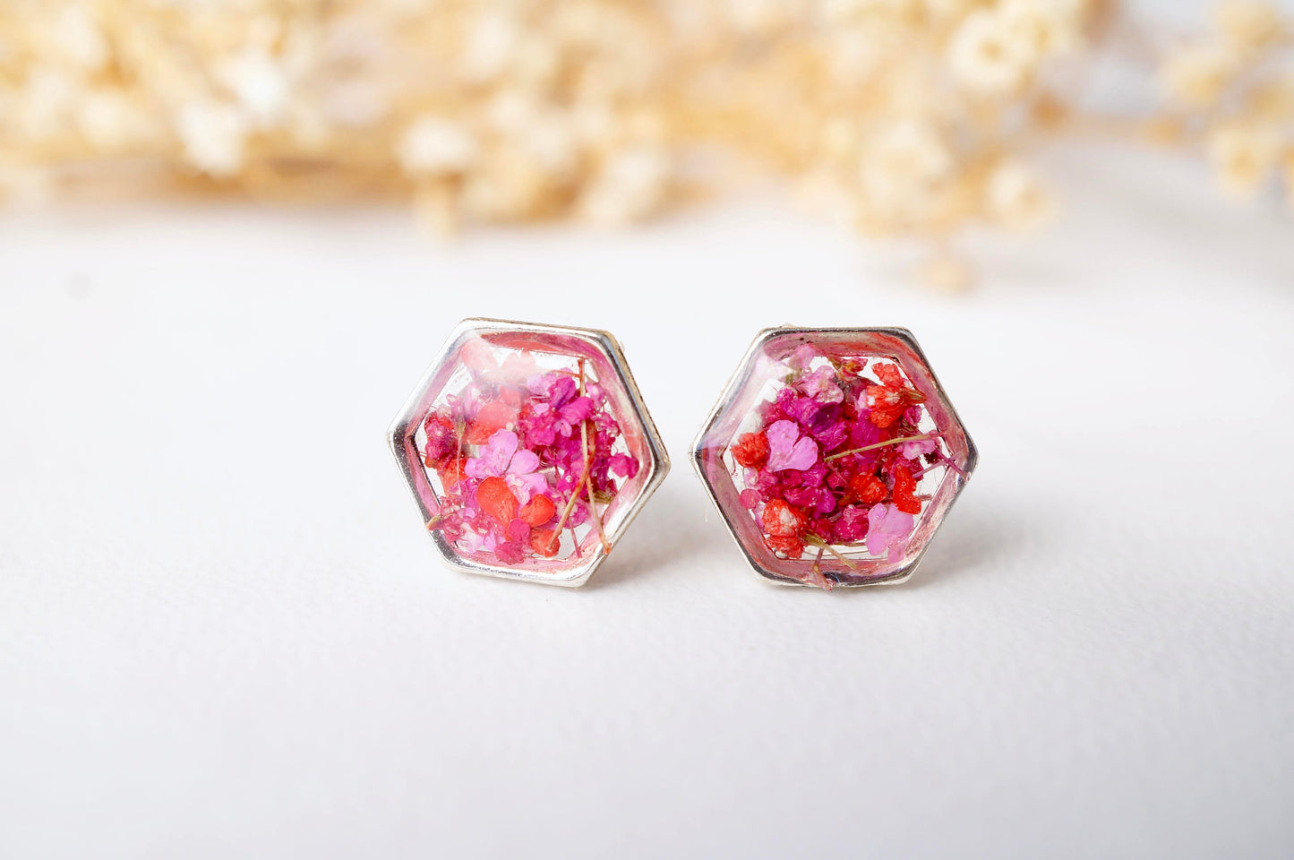 Real Dried Flowers and Resin Stud Earrings, Silver Hexagon in Red Pink Mix