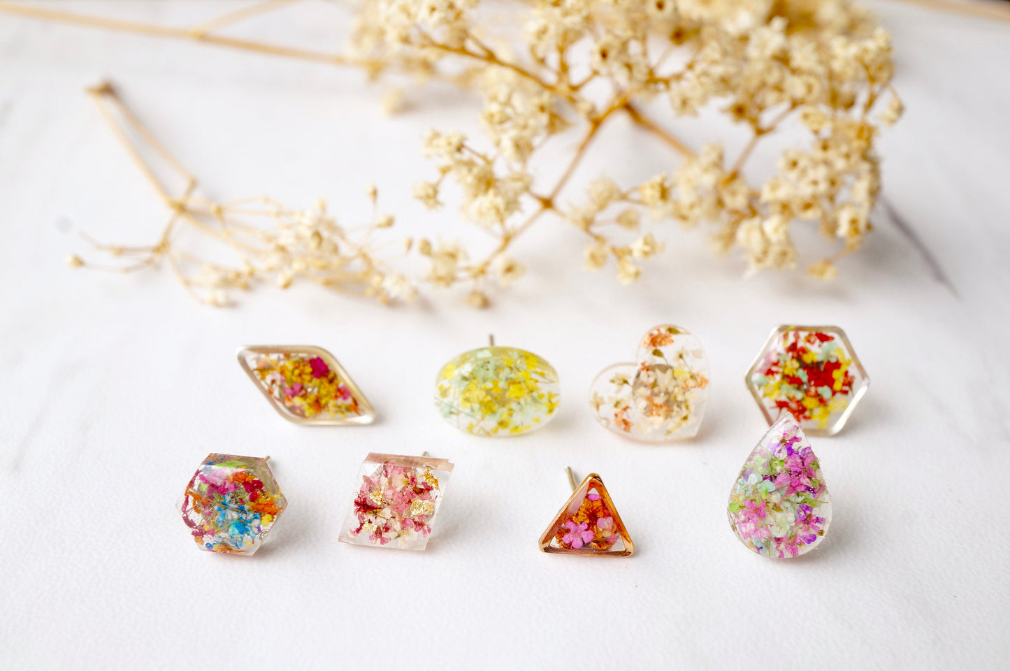 Real Dried Flowers and Resin Stud Earrings, Silver Hexagon in Red Pink Mix