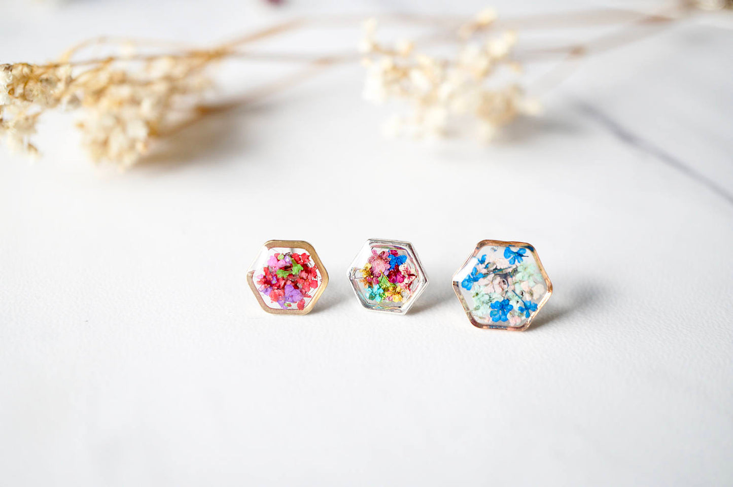 Real Dried Flowers and Resin Stud Earrings, Silver Hexagon in Red Pink Mix