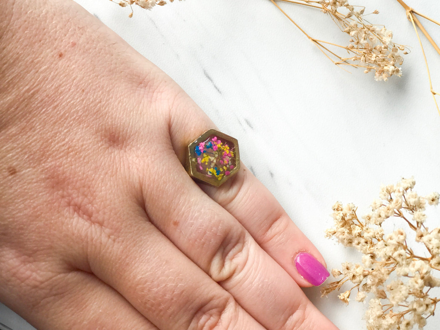 Real Pressed Flower and Resin Hexagon Gold Ring in Yellow Pink and Blue