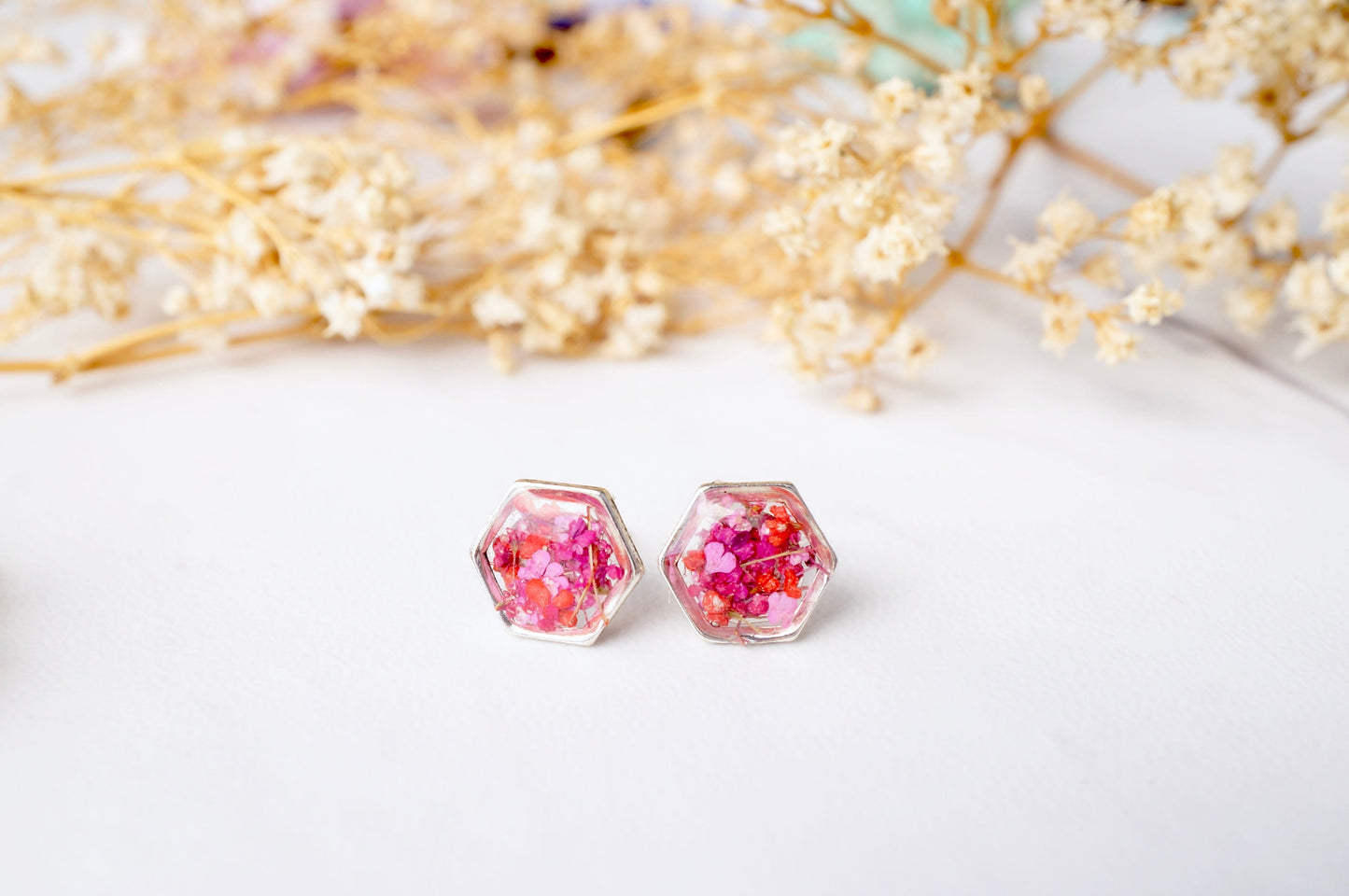 Real Dried Flowers and Resin Stud Earrings, Silver Hexagon in Red Pink Mix