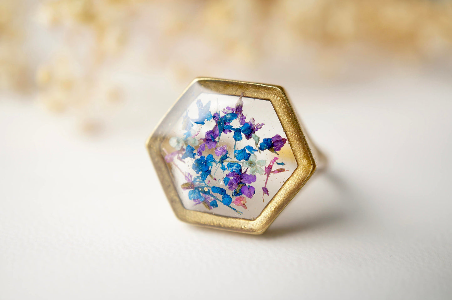 Real Pressed Flower and Resin Hexagon Gold Ring in Blue Purple Mint