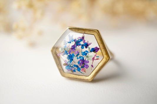 Real Pressed Flower and Resin Hexagon Gold Ring in Blue Purple Mint