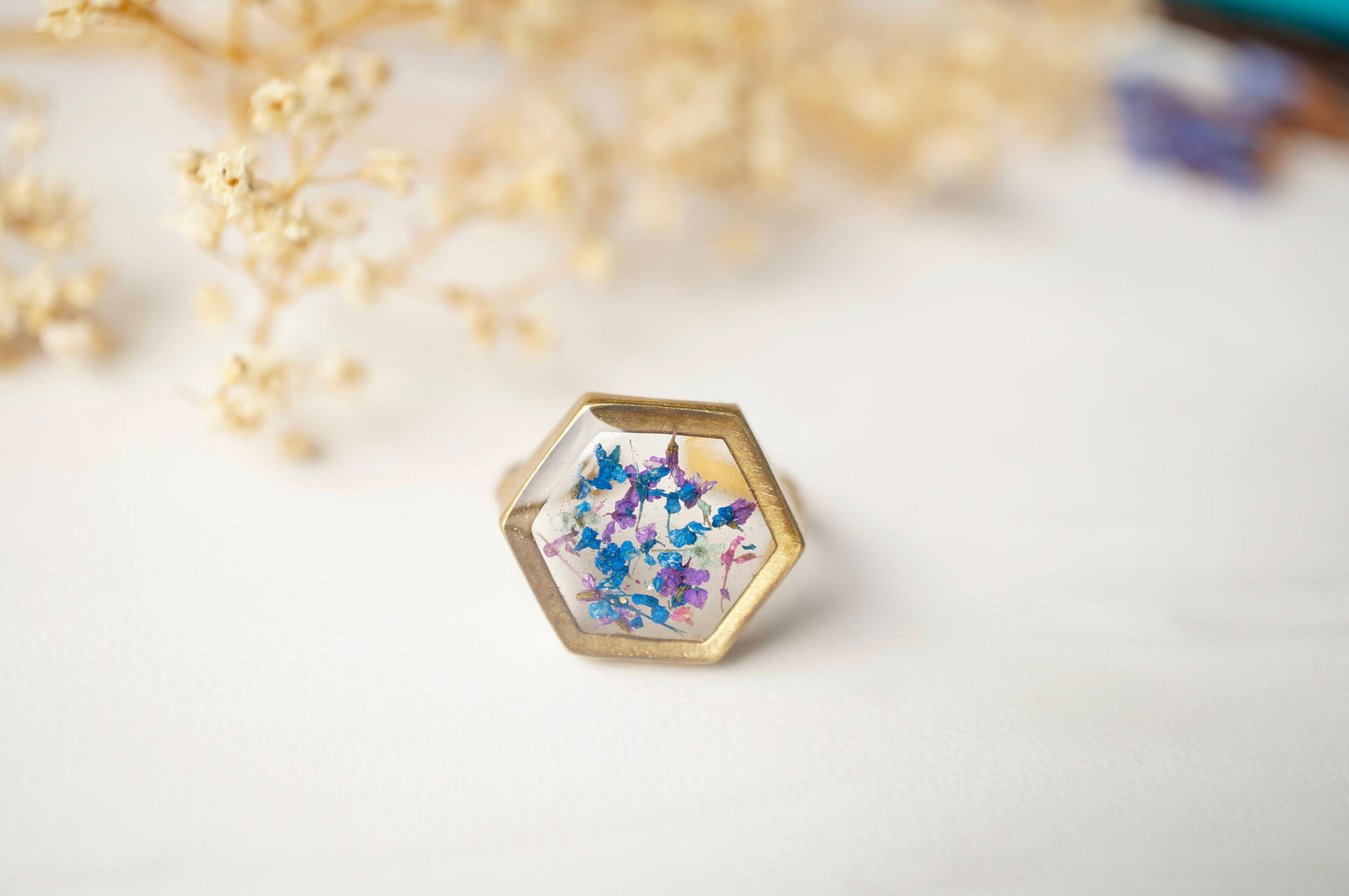 Real Pressed Flower and Resin Hexagon Gold Ring in Blue Purple Mint