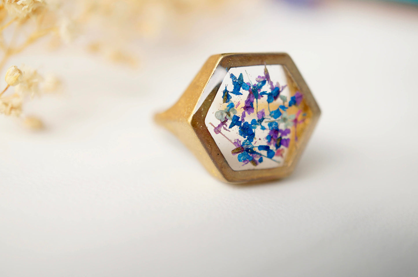 Real Pressed Flower and Resin Hexagon Gold Ring in Blue Purple Mint
