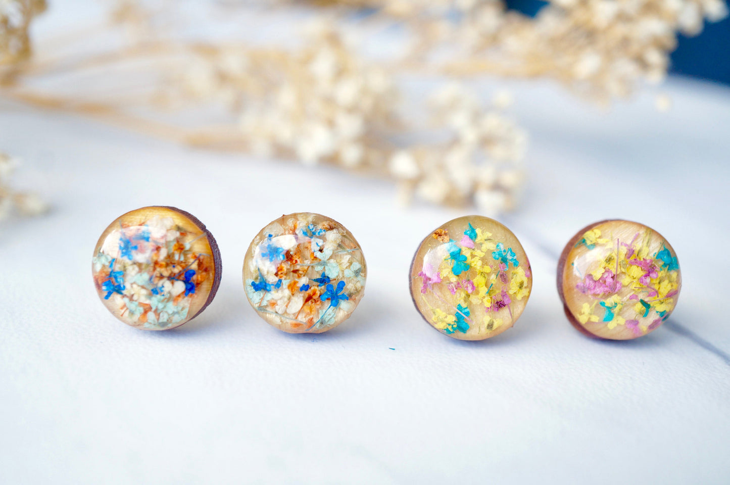Real Dried Flowers and Resin on Wood Stud Earrings in Teal Blue Purple