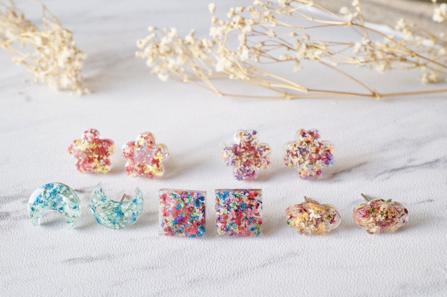 Real Dried Flowers and Resin on Wood Stud Earrings in Teal Blue Purple