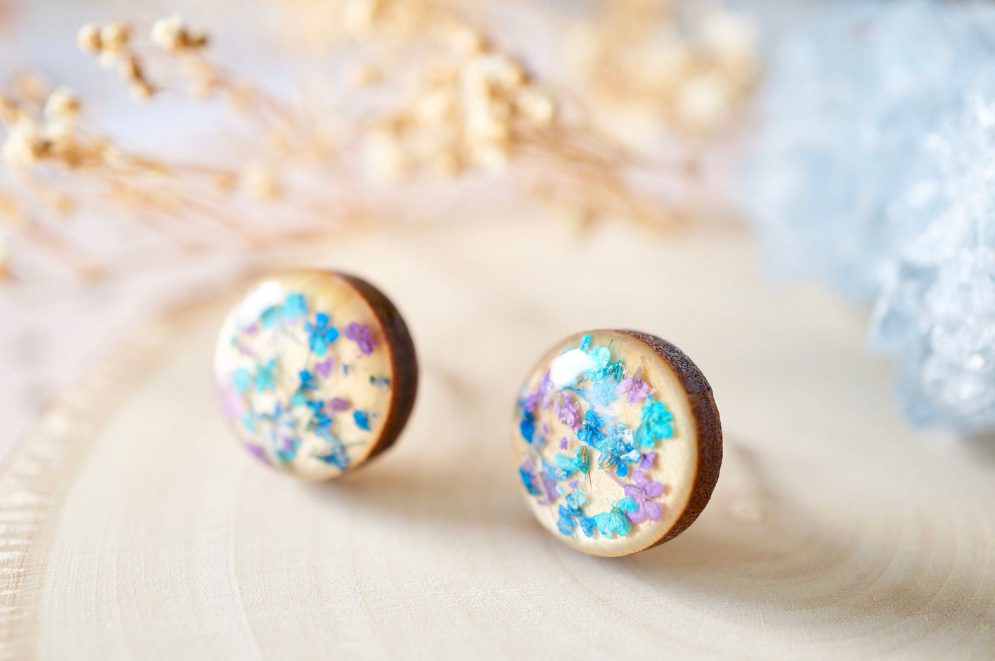 Real Dried Flowers and Resin on Wood Stud Earrings in Teal Blue Purple