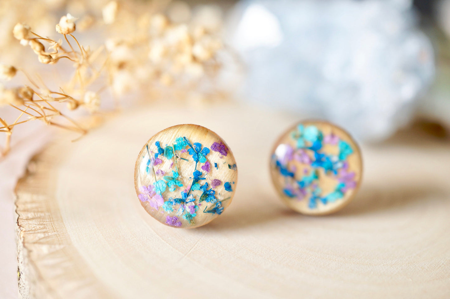 Real Dried Flowers and Resin on Wood Stud Earrings in Teal Blue Purple
