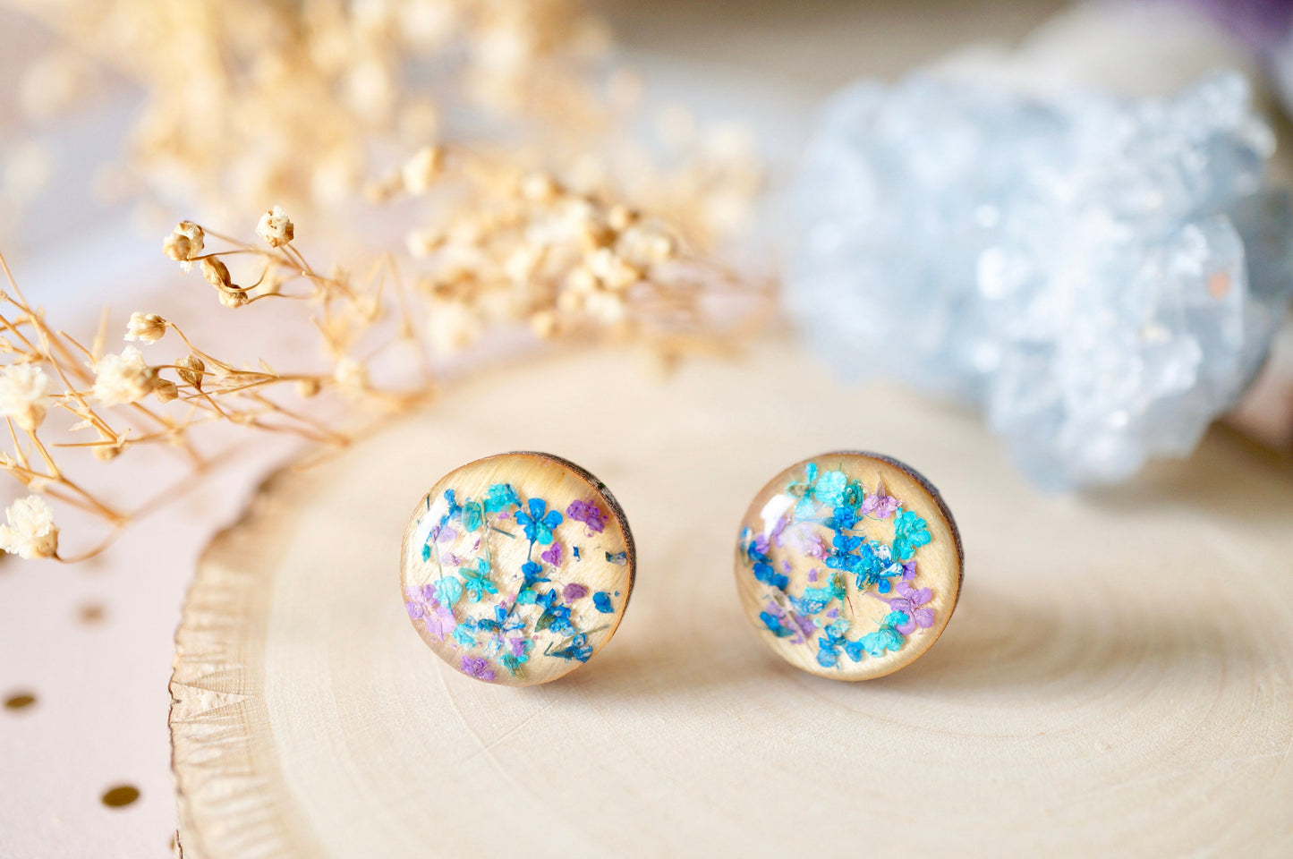 Real Dried Flowers and Resin on Wood Stud Earrings in Teal Blue Purple