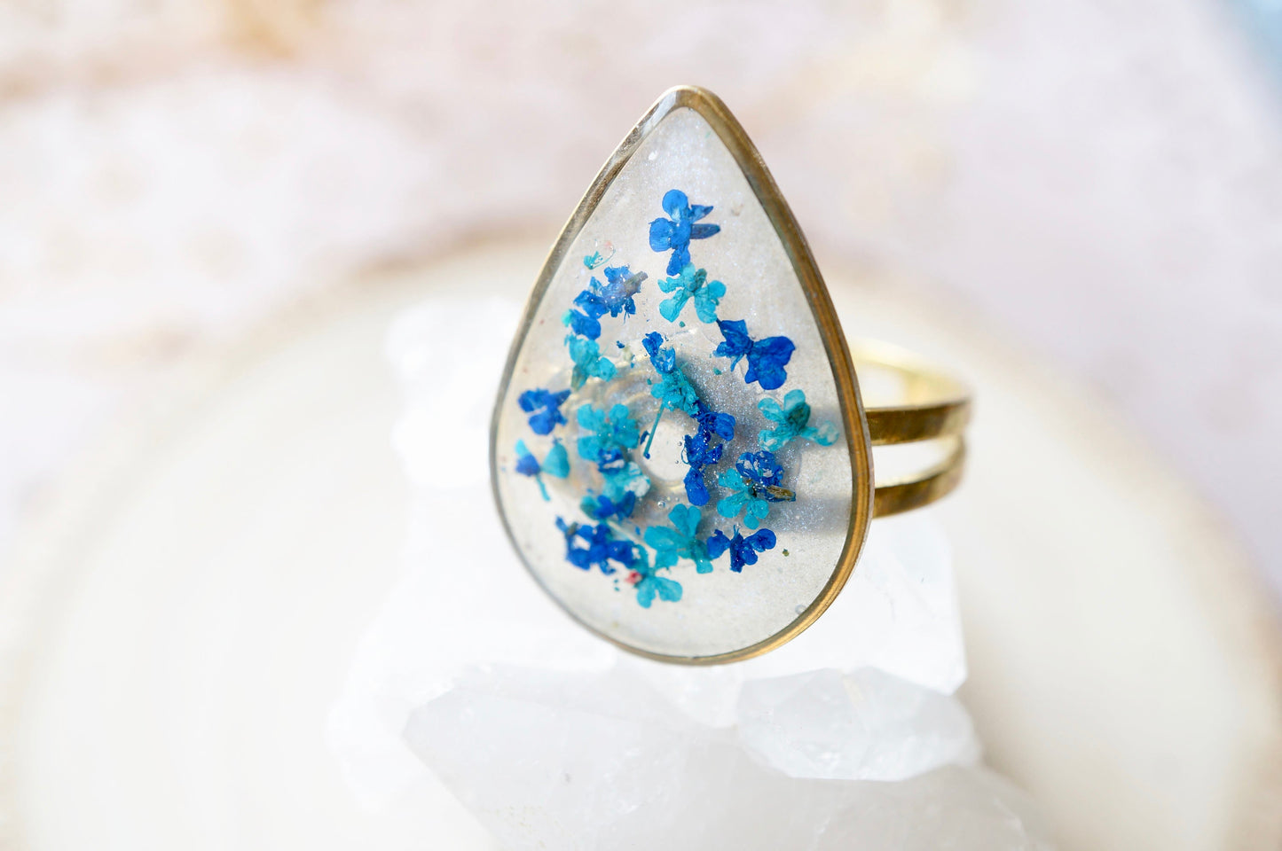 Real Pressed Flower and Resin Ring, Gold Teardrop in Teal and Blue