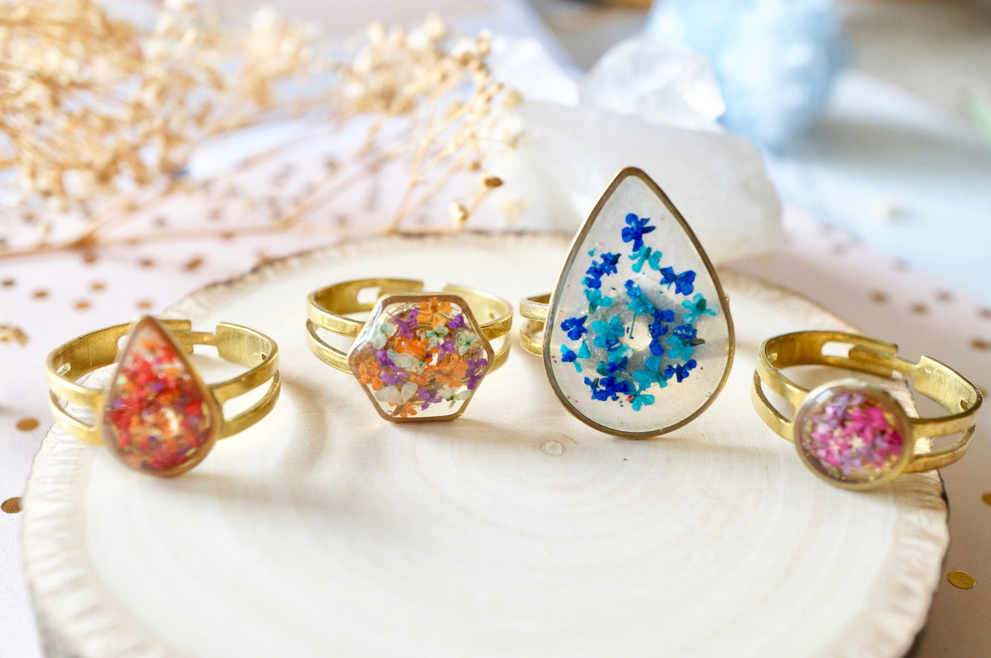 Real Pressed Flower and Resin Ring, Rose Gold Heart in Teal Mint