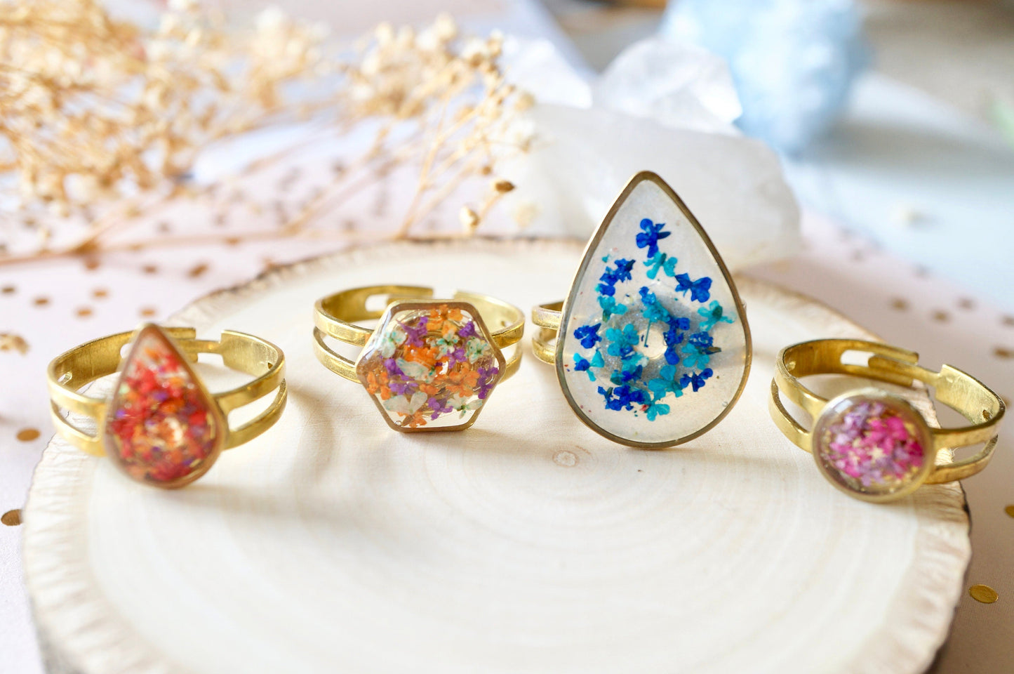Real Pressed Flower and Resin Ring, Gold Half Sun in Pink Flowers and Purple Glass Glitter