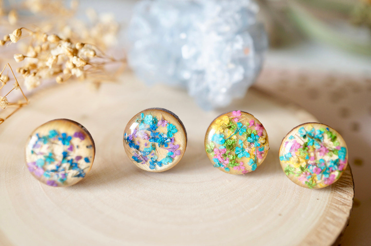 Real Dried Flowers and Resin on Wood Stud Earrings in Teal Blue Purple