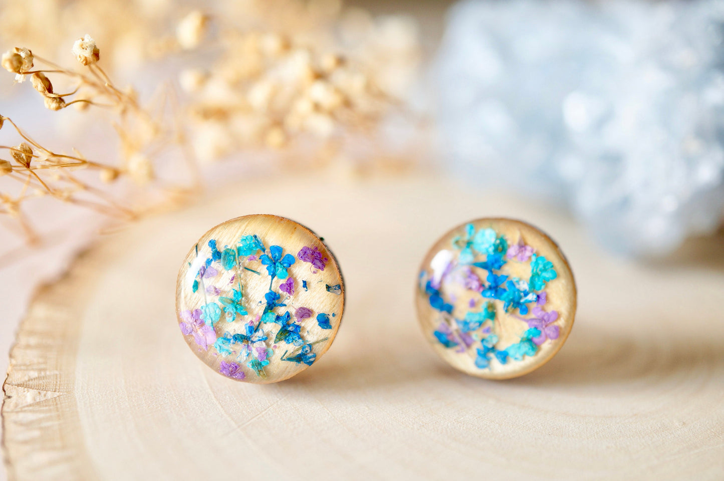 Real Dried Flowers and Resin on Wood Stud Earrings in Teal Blue Purple