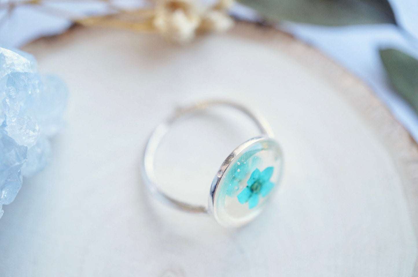 Real Pressed Flower and Resin Ring, Adjustable Silver Circle in Teal