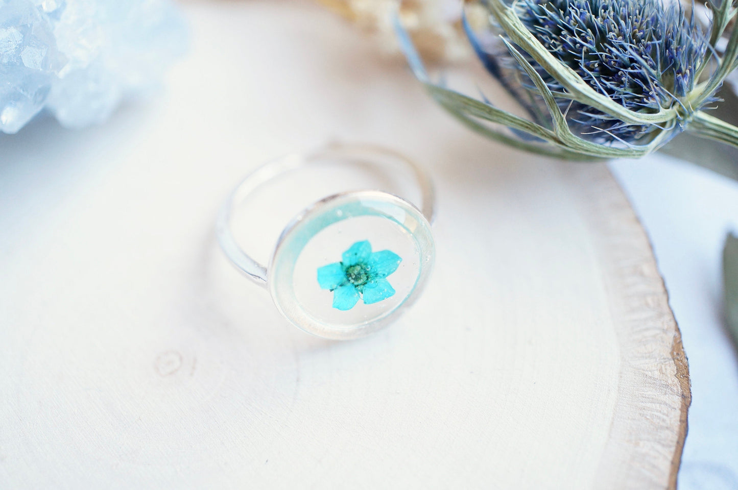 Real Pressed Flower and Resin Ring, Adjustable Silver Circle in Teal