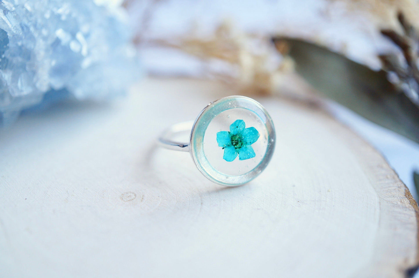 Real Pressed Flower and Resin Ring, Adjustable Silver Circle in Teal