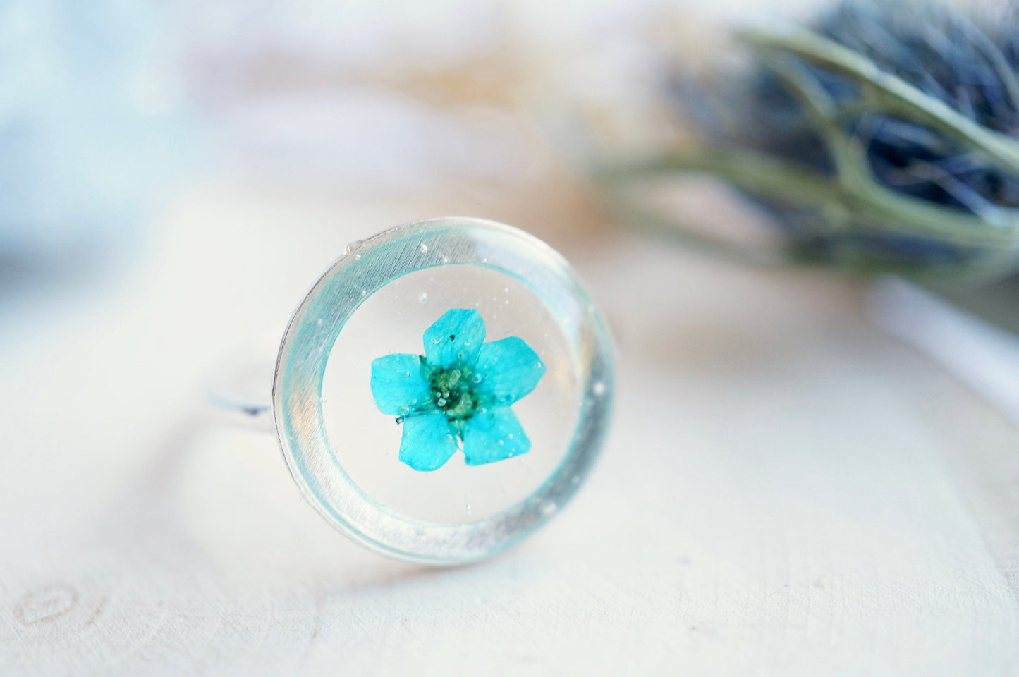 Real Pressed Flower and Resin Ring, Adjustable Silver Circle in Teal