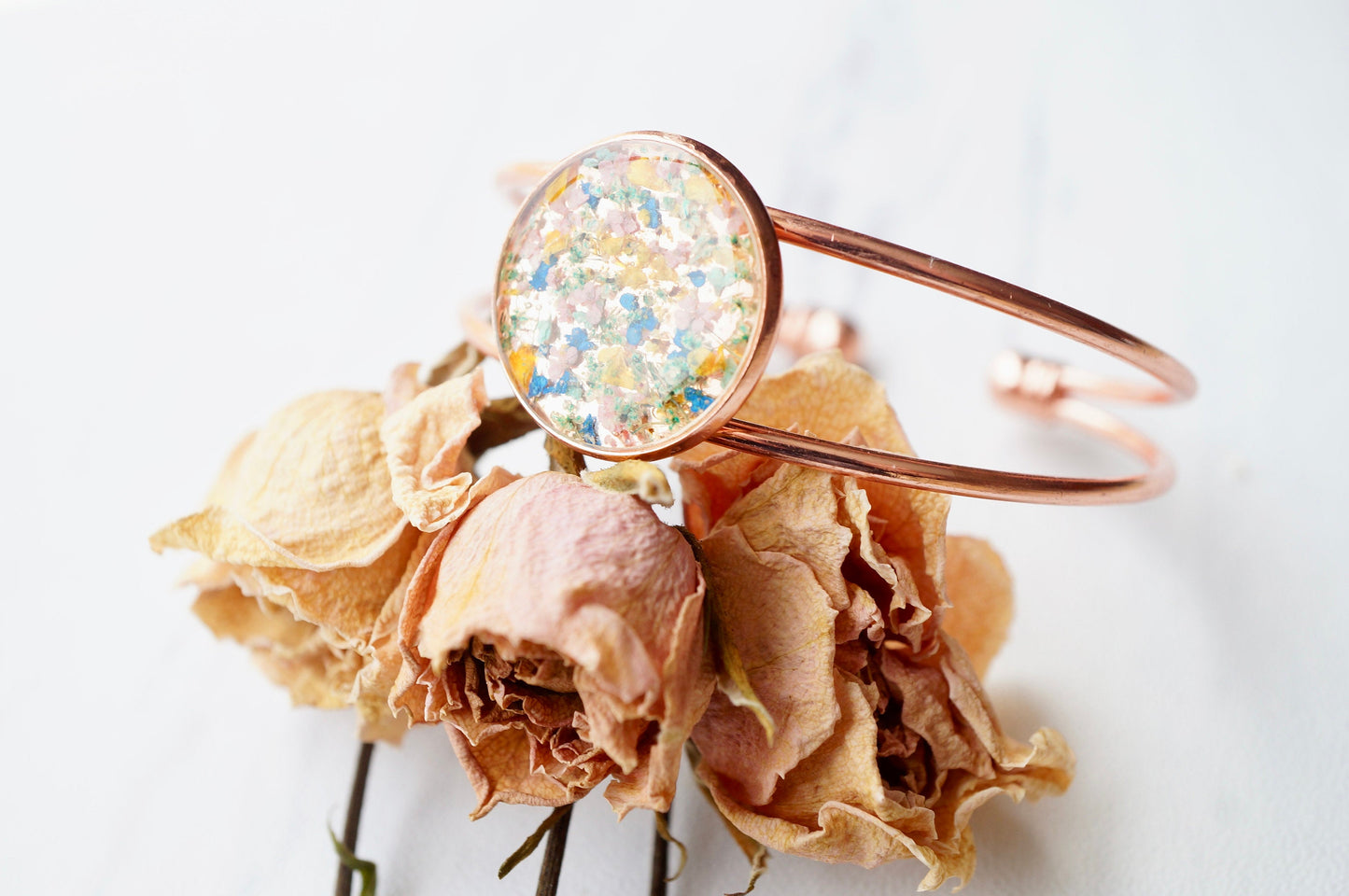 Real Pressed Flowers and Resin Bracelet in Rose Gold with Mint Blue Yellow Pink