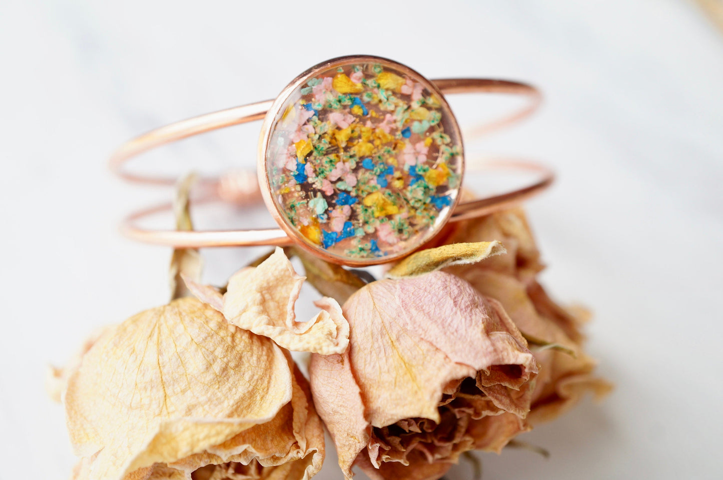 Real Pressed Flowers and Resin Bracelet in Rose Gold with Mint Blue Yellow Pink