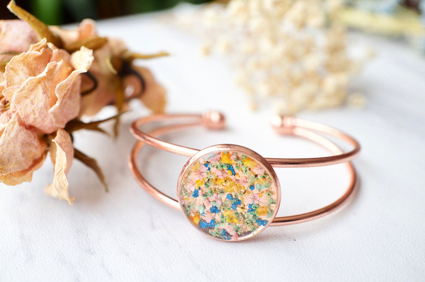 Real Pressed Flowers and Resin Bracelet in Rose Gold with Mint Blue Yellow Pink