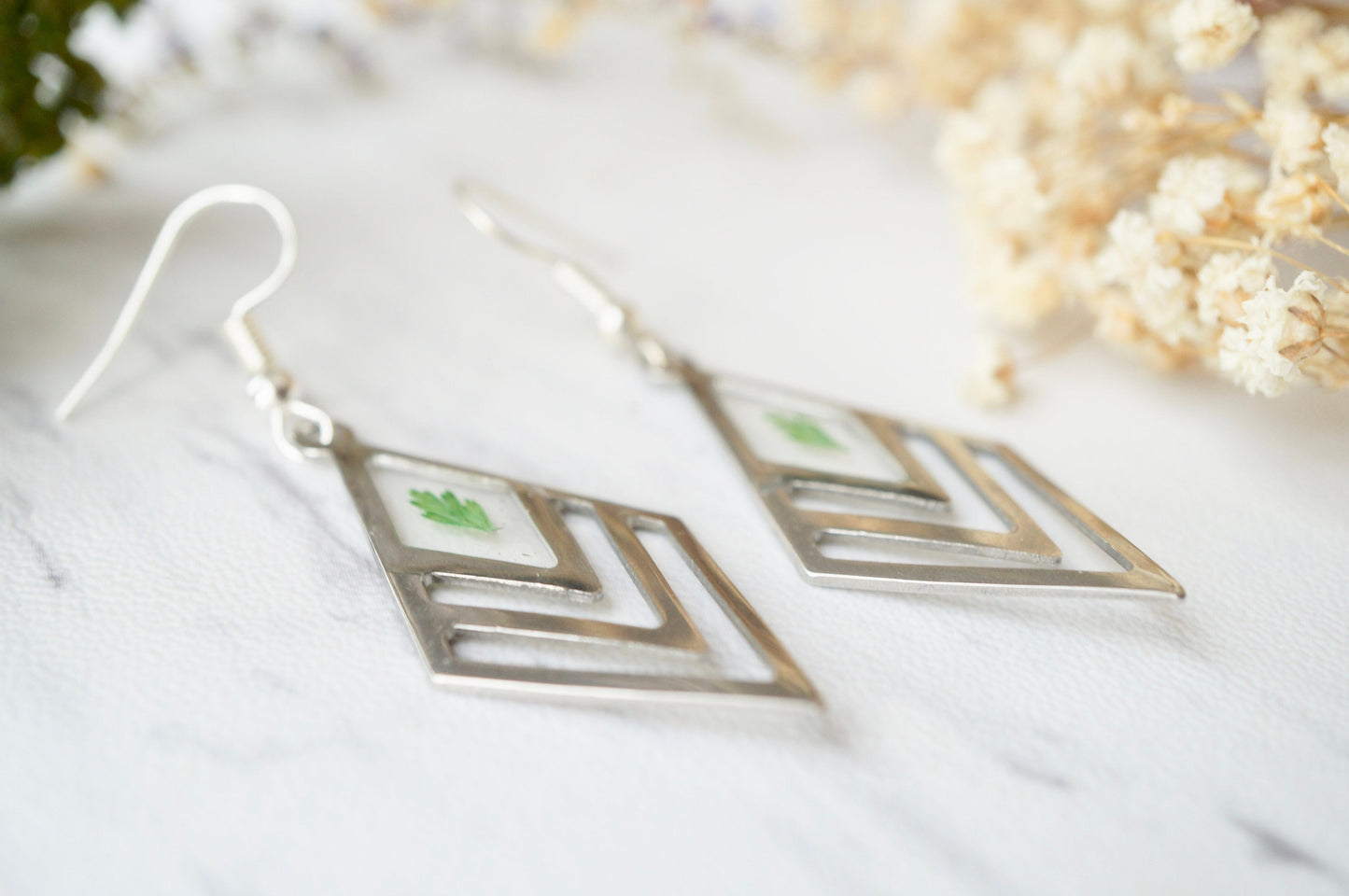 Real Pressed Flowers and Resin Earrings, Silver Drops with Green Fern