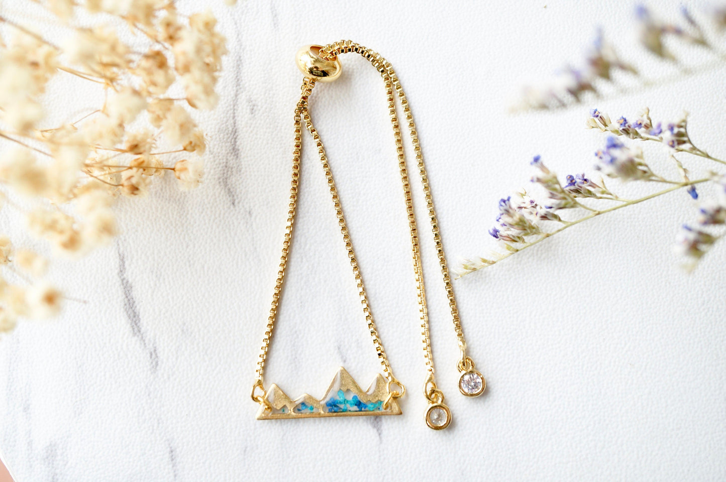 Real Pressed Flowers and Resin Adjustable Bracelet, Gold Mountains in Blue and Teal