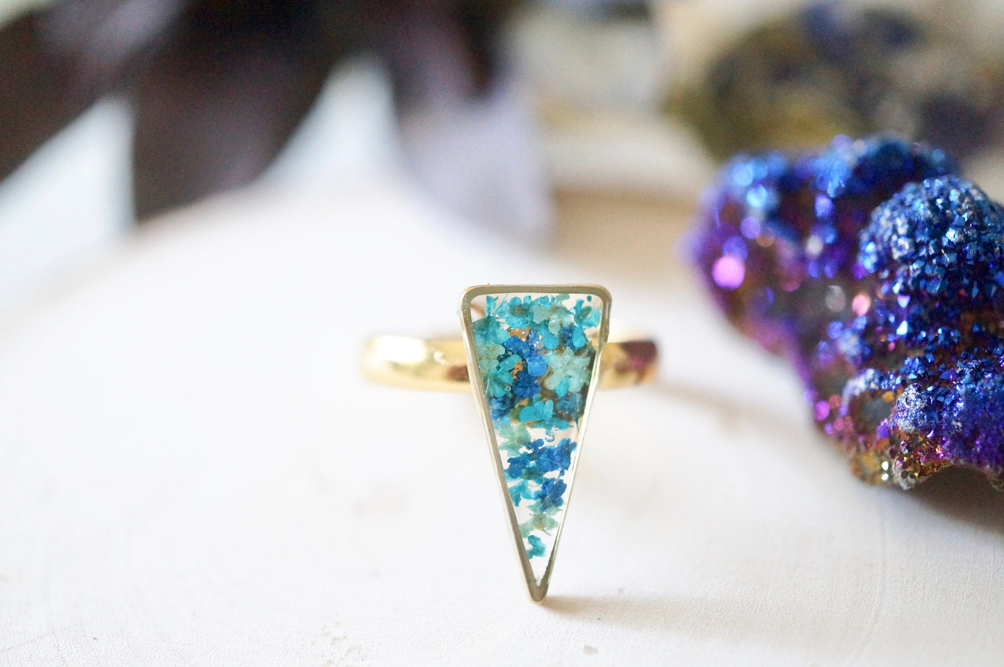 Real Pressed Flower and Resin Ring, Triangle Gold Band in Blue Teal Mint