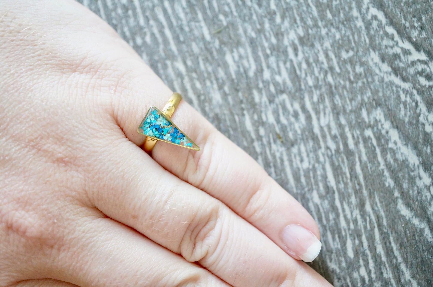 Real Pressed Flower and Resin Ring, Triangle Gold Band in Blue Teal Mint