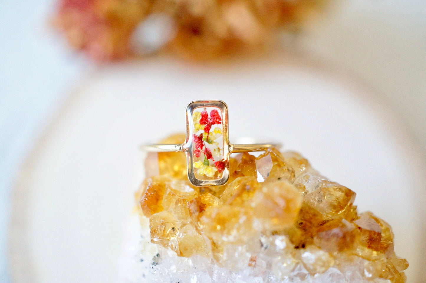 Real Pressed Flower and Resin Ring, Rectangle Gold Band in Yellow and Red
