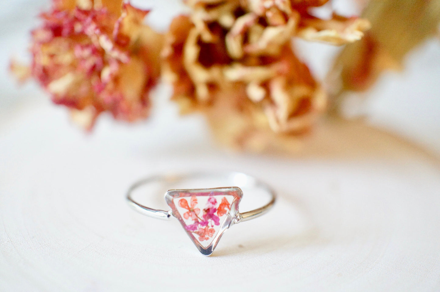 Real Pressed Flower and Resin Ring, Triangle Silver Band in Burgundy and Red