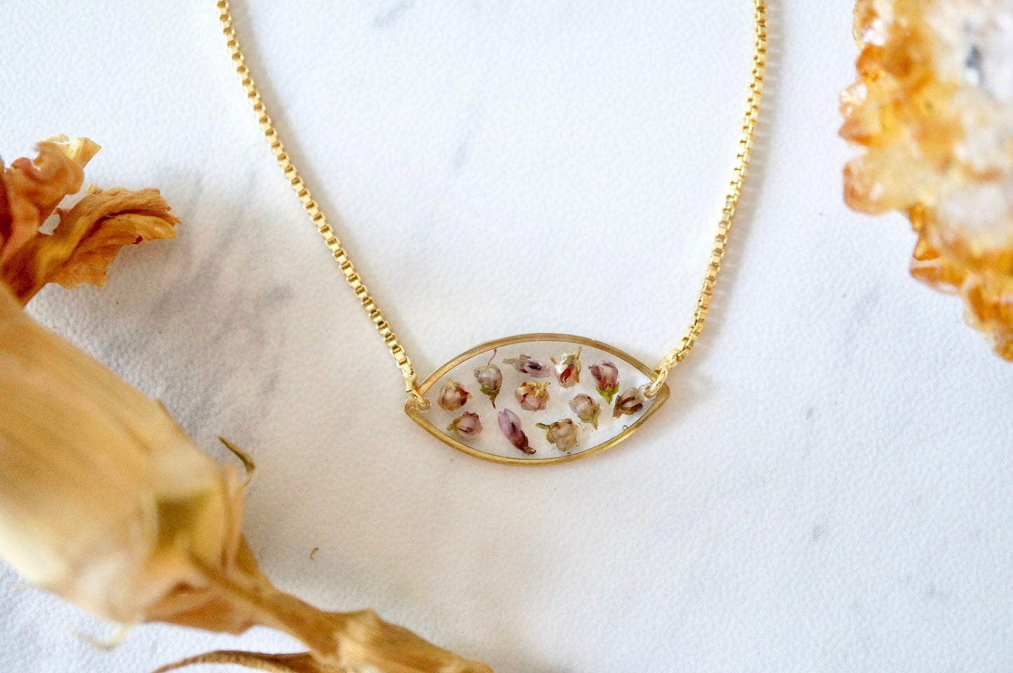 Real Pressed Flowers and Resin Adjustable Bracelet, Gold Oval with Heather Flowers